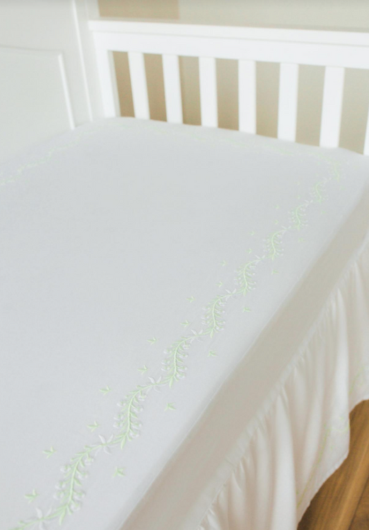Embroidered Crib Sheet, Meadow Green