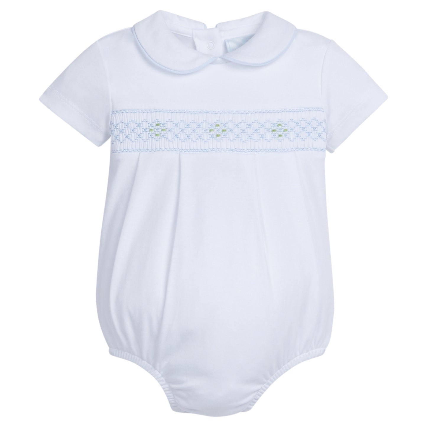 Boy's Smocked Peter Pan Bubble, White w/ Blue Geo