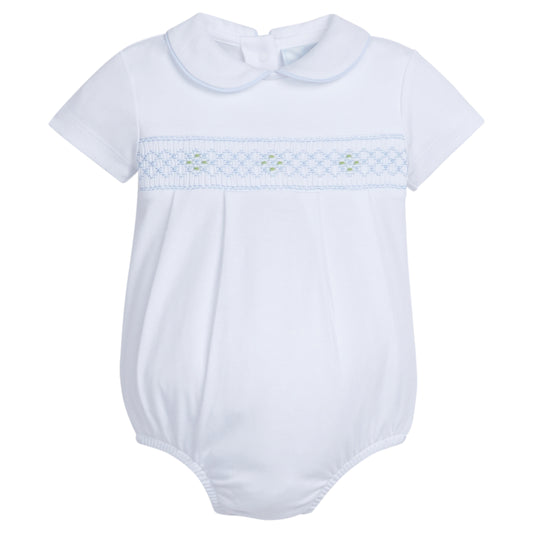 Boy's Smocked Peter Pan Bubble, White w/ Blue Geo