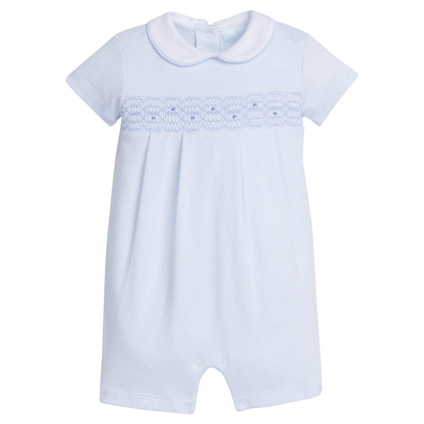 Boy's Smocked Ream Romper, Blue Geo