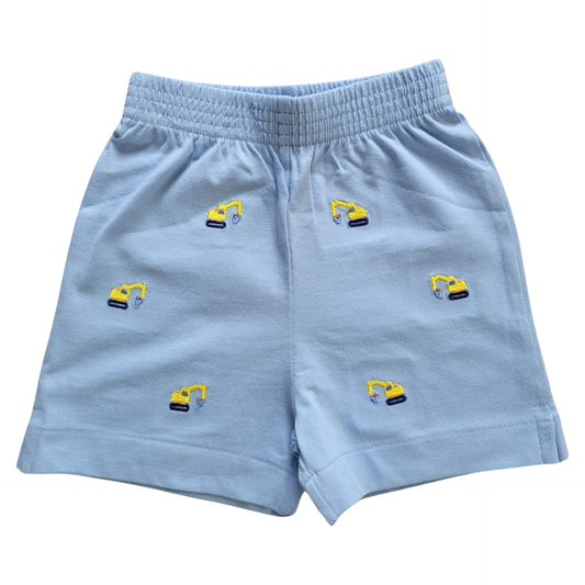 Boy Cotton Play Shorts, Sky Blue with Embroidered Backhoes