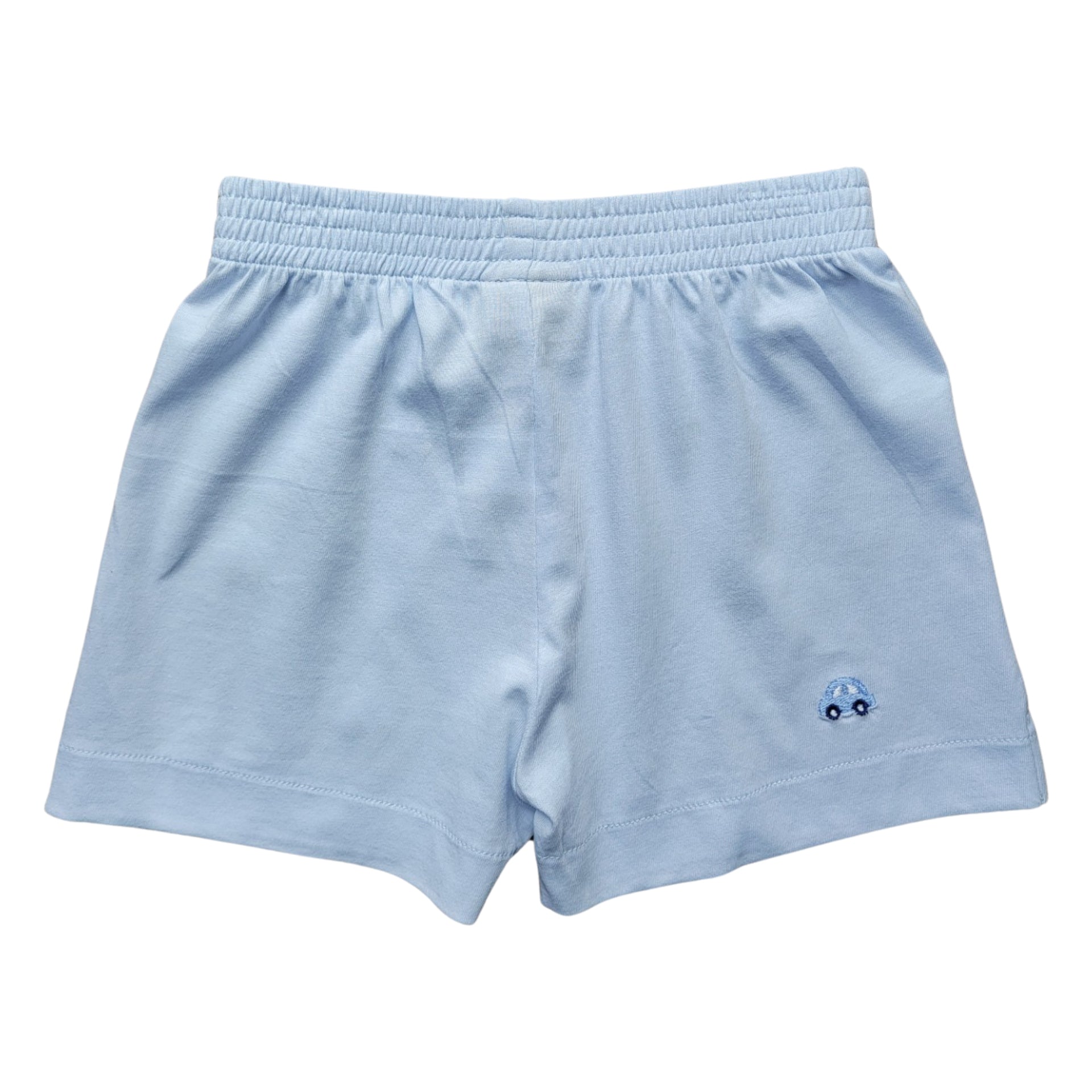 Boy Cotton Play Shorts, Baby Blue with Embroidered Blue Cars 