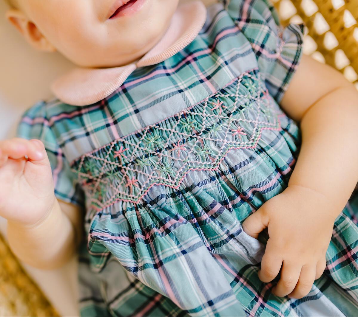 Sherazade Green & Pink Tartan Smocked Bubble