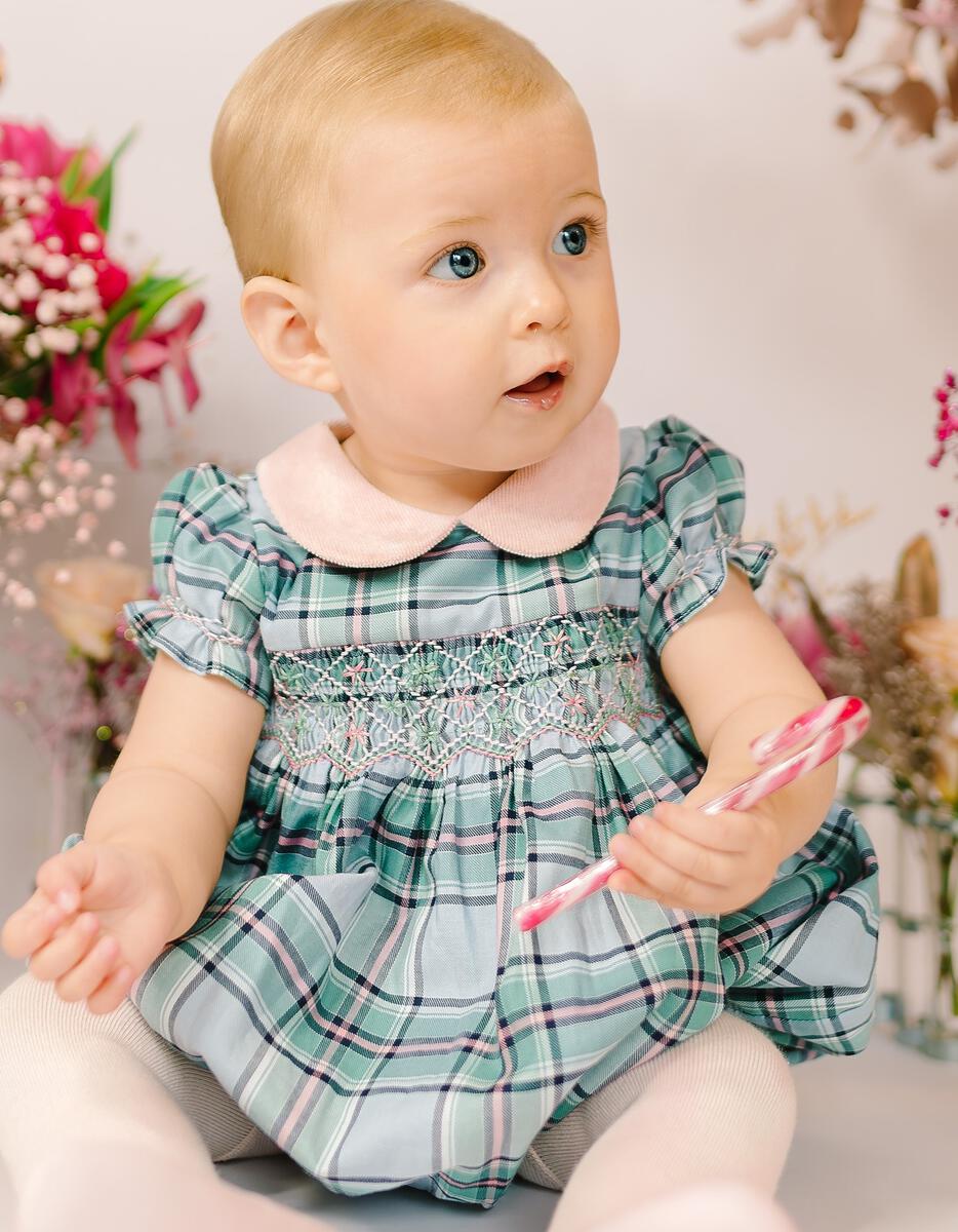 Sherazade Green & Pink Tartan Smocked Bubble