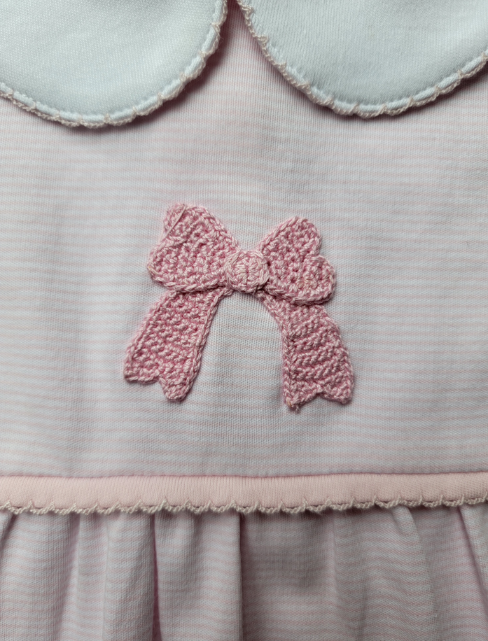 Short Puffed Sleeve Collared Crochet Bow Pink Stripe Dress