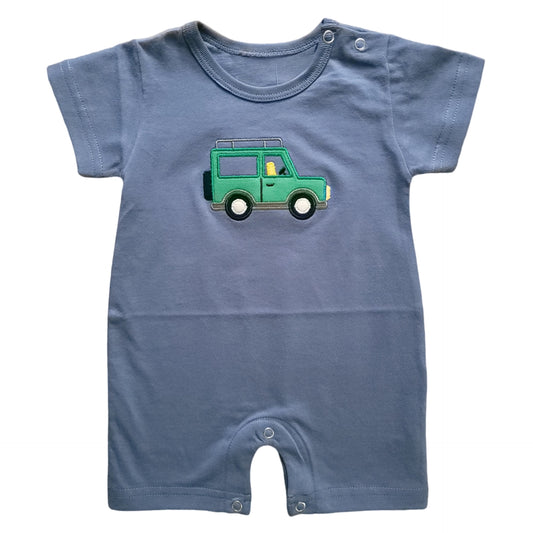 Boy's Short Sleeve Green Jeep Applique Slate Blue Romper