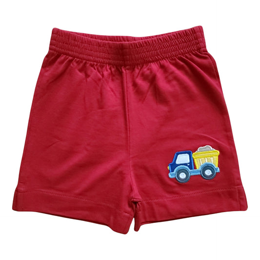 Boy Cotton Play Shorts, Red with Applique Dump Truck