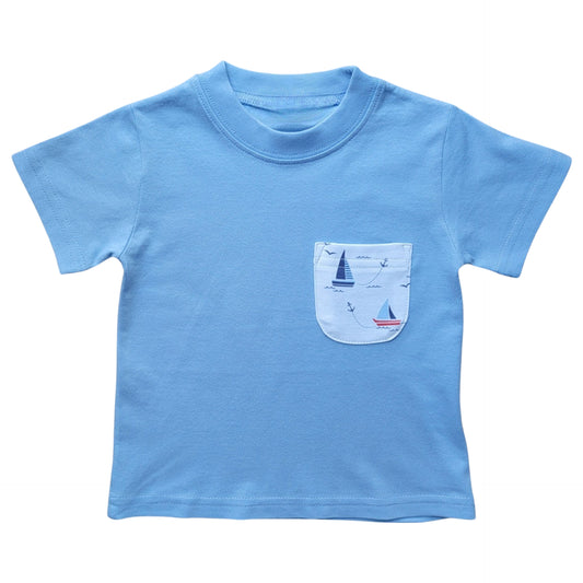 Boy's Short Sleeve Sky Blue T-Shirt with Sailboat Print Pocket