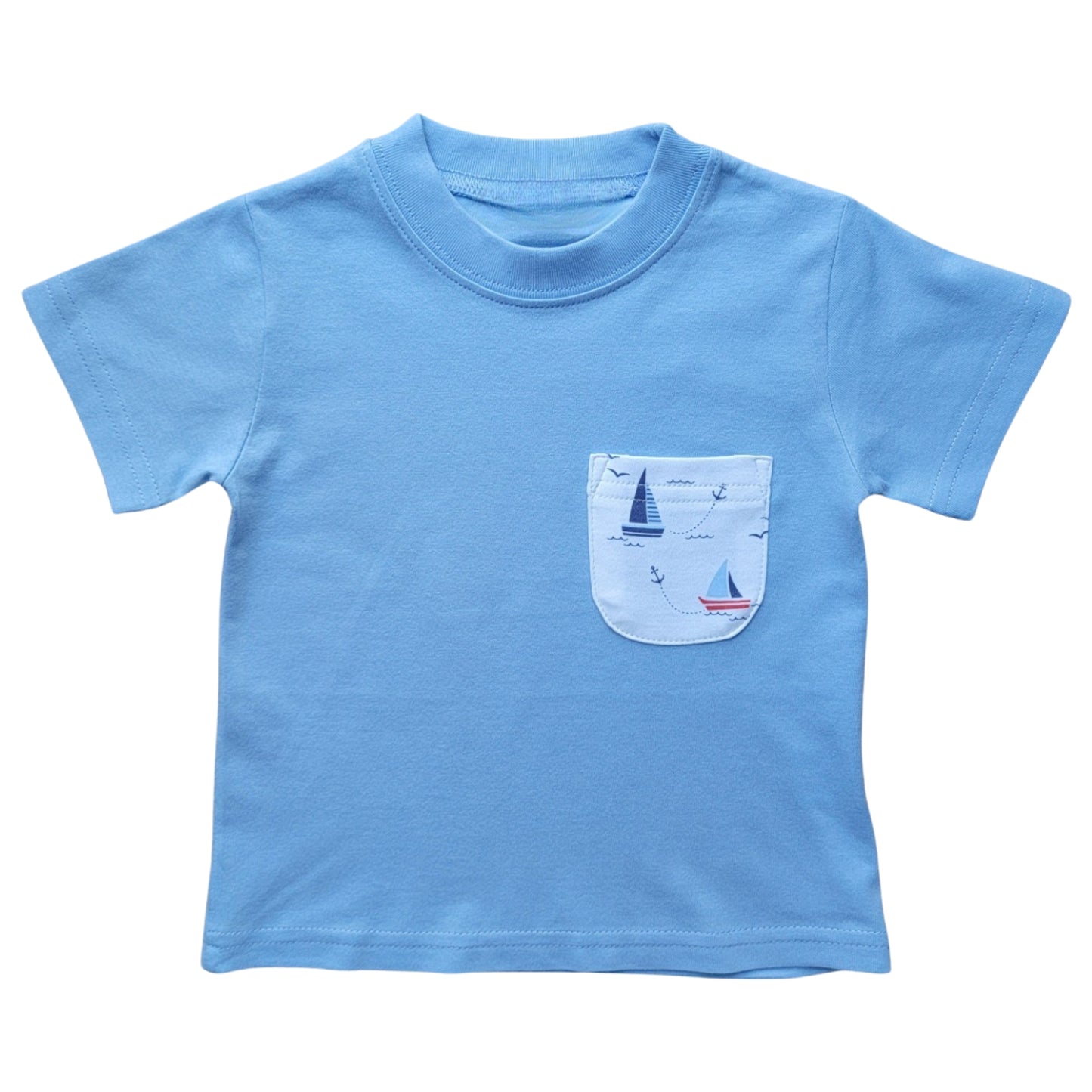 Boy's Short Sleeve Sky Blue T-Shirt with Sailboat Print Pocket