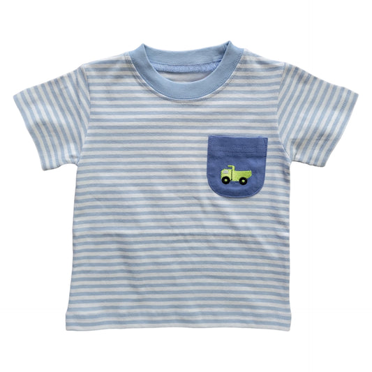 Boy's Short Sleeve Sky Blue Stripe & Dump Truck T-Shirt with Pocket