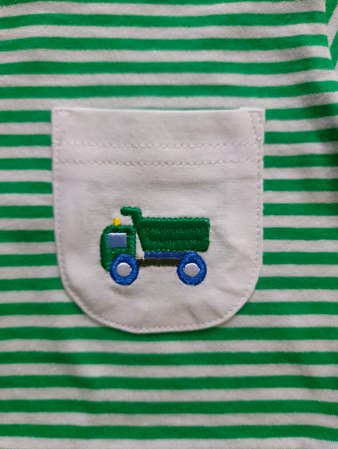 Boy's Short Sleeve Green Stripe & Dump Truck T-Shirt with Pocket