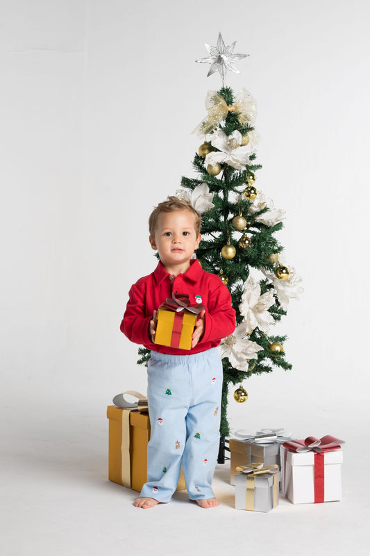 Red Long Sleeve Polo with Embroidered Santa