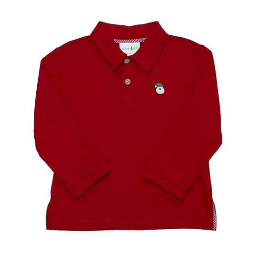 Red Long Sleeve Polo with Embroidered Santa