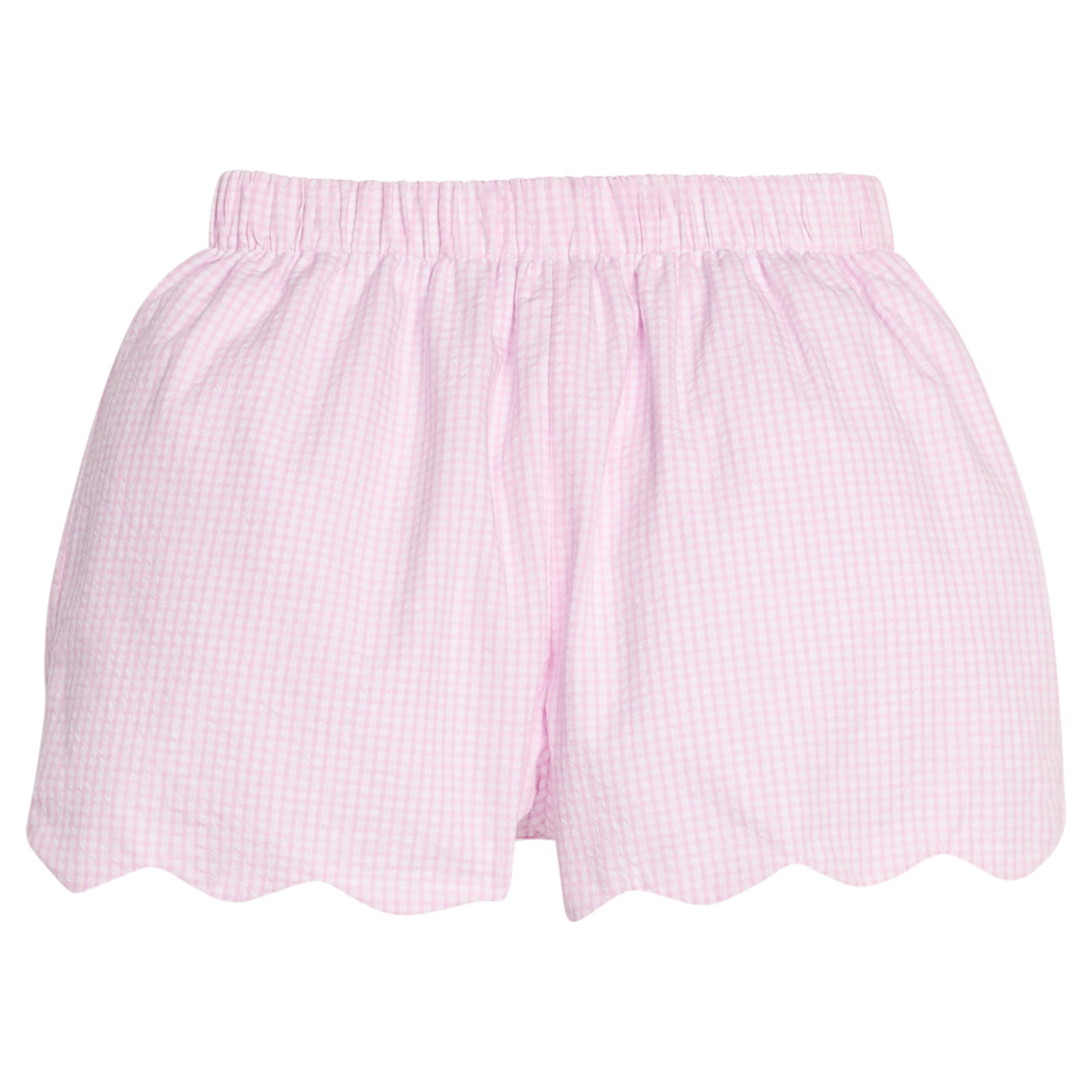 Little English traditional children's clothing.  Classic scallop hem shorts with elastic waistband in light pink seersucker gingham for girls.