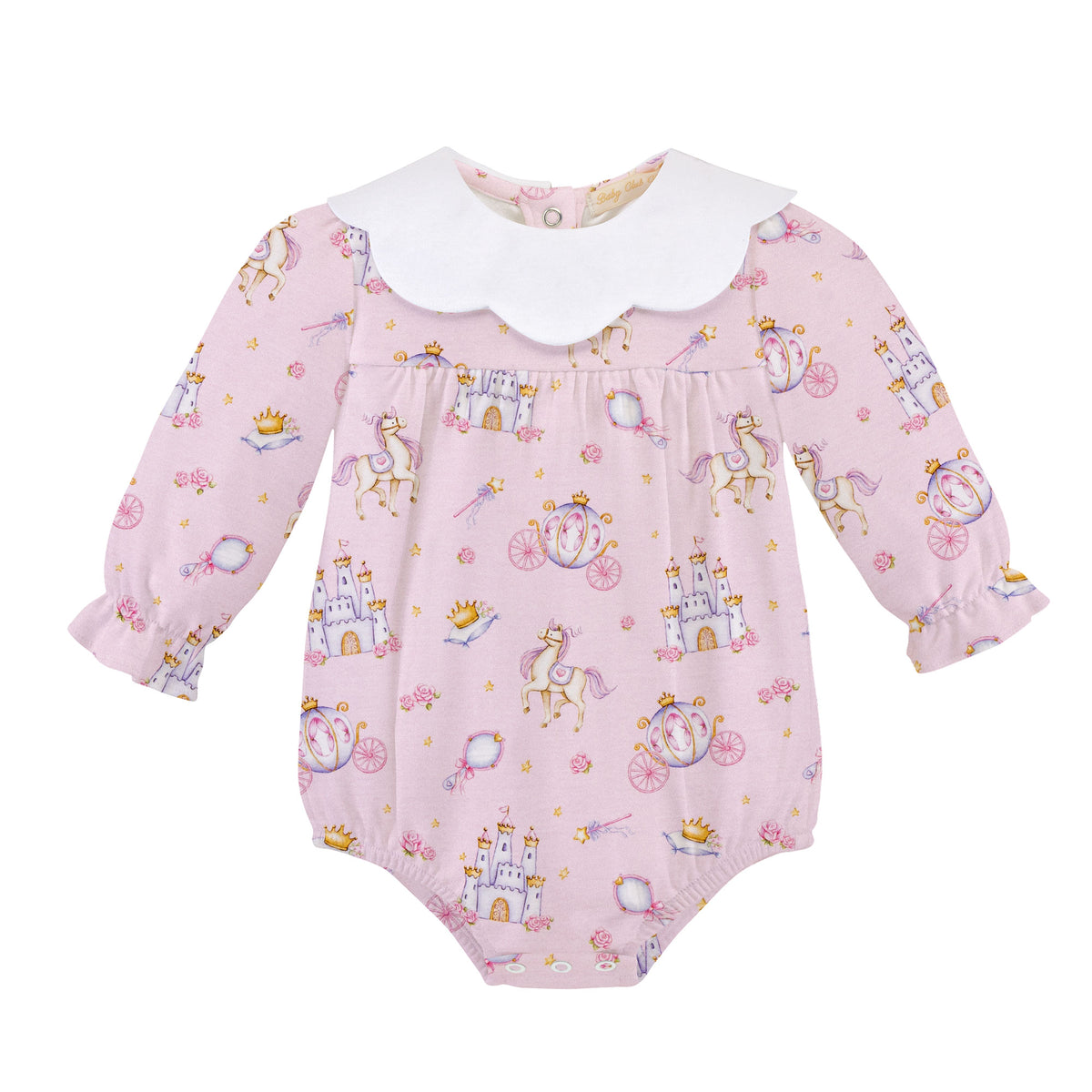 Pink baby romper with fairy tale design on a white background