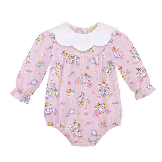 Pink baby romper with fairy tale design on a white background