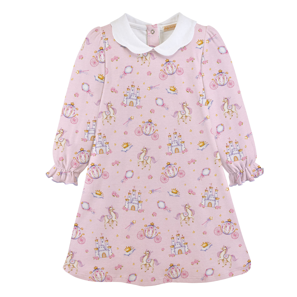 Pink children's dress with fairy tale pattern on a white background