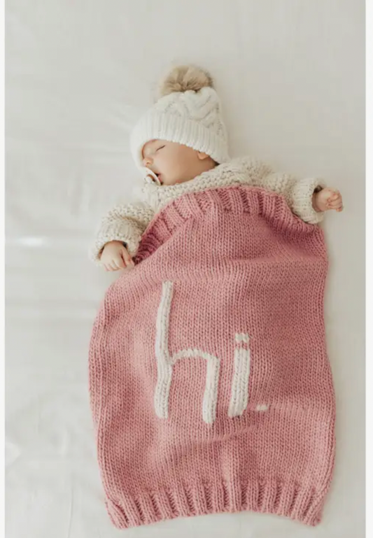 "Hi." Hand Knit Blanket, Rosy Pink