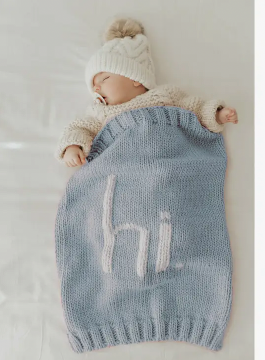 'Hi.' Hand Knit Blanket, Surf Blue