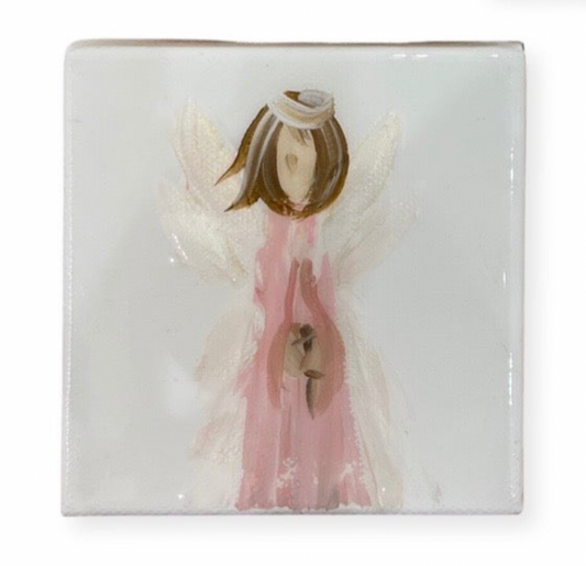 Angel Canvas, Little Girl with Brunette Hair, Pink Dress