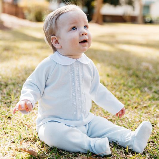 Pique Collar Dot Footed Knit Set, Blue