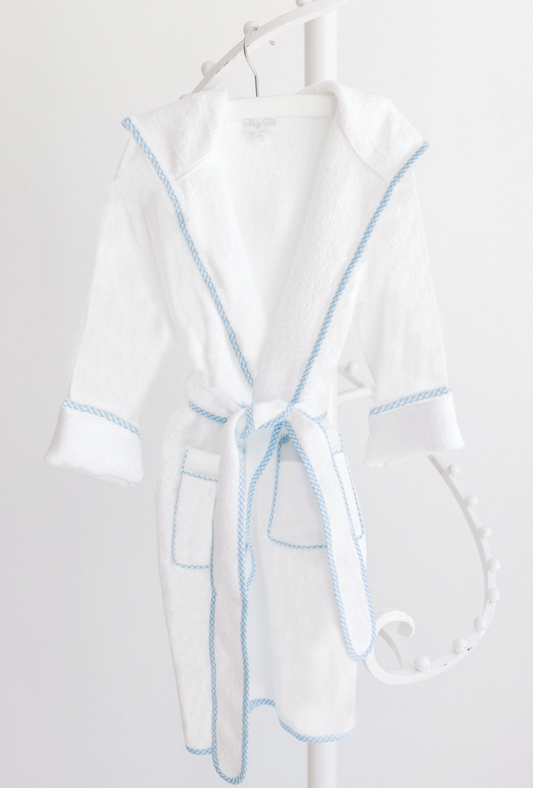 Bath Robe, White with Blue Scallop