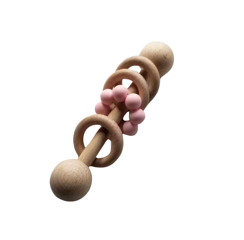 Silicone Wood Teething Rattle Toys, Pink