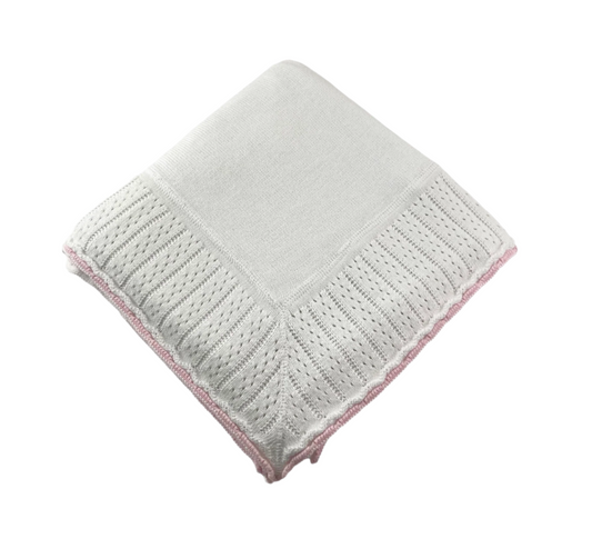 Blanket with Knitted Border, White with Pink