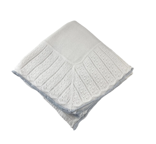 Blanket with Knitted Border, White with Blue