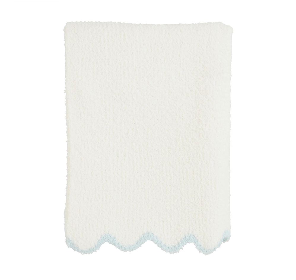 Chenille Scallop Blanket, White with Blue