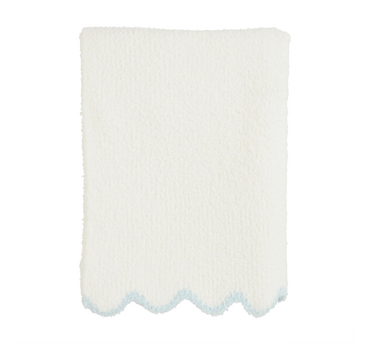 Chenille Scallop Blanket, White with Blue