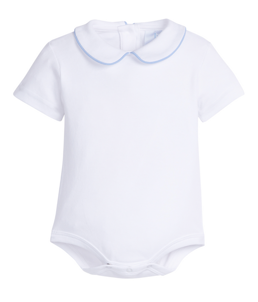 Piped Peter Pan Short Sleeve Onesie, White with Light Blue