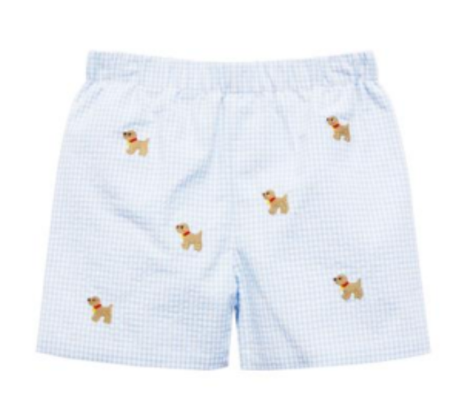 Dog Embroidered Leo Shorts, Light Blue Mini Seersucker