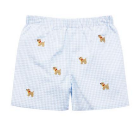 Dog Embroidered Leo Shorts, Light Blue Mini Seersucker