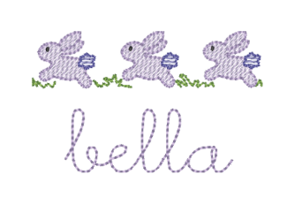 Easter Basket Ribbon, White Grosgrain with 3 Purple Hopping Bunnies, Babydoll Font