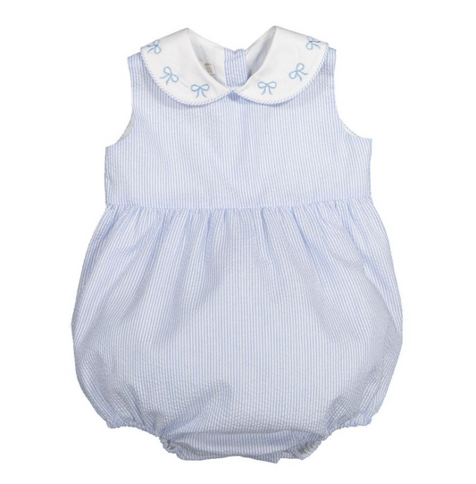 Girl's Blue Seersucker Romper with Bows