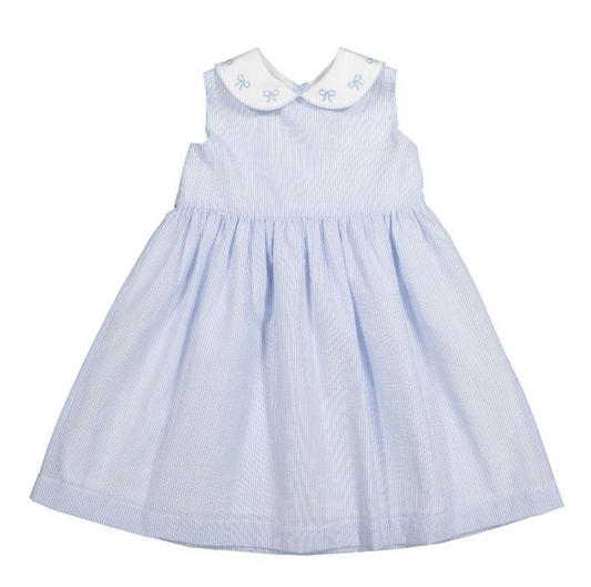 Girl's Blue Seersucker Dress with Bows