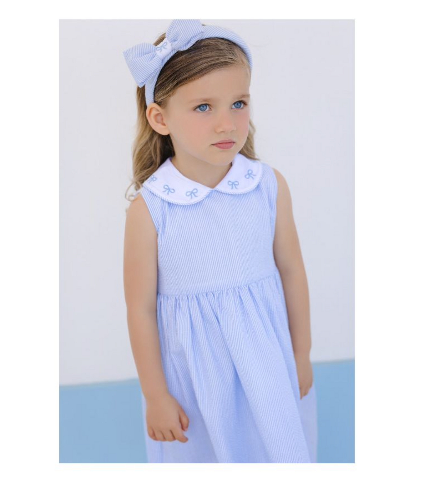 Girl's Blue Seersucker Dress with Bows