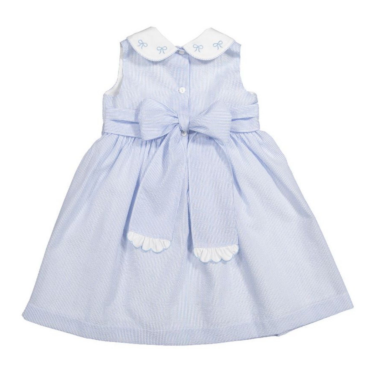 Girl's Blue Seersucker Dress with Bows