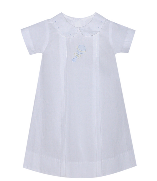 White Quinn Daygown with Rattle, Boy