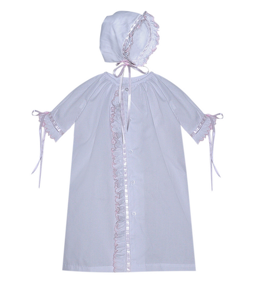 Finn Daygown, Scallop Ruffle, White with Pink