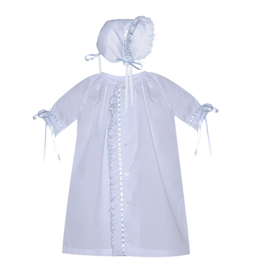 Finn Daygown, Scallop Ruffle, White with Blue