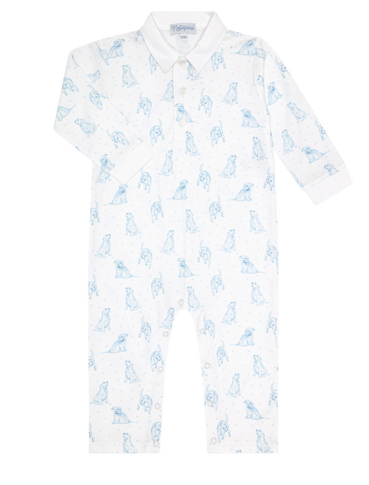 Blue Puppy Love Print Romper Long Sleeve