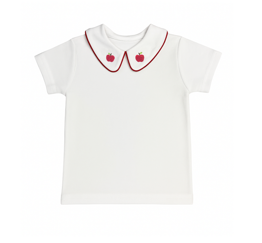 Boy's Short Sleeve Collared Shirt, Embroidered Apples on Collar