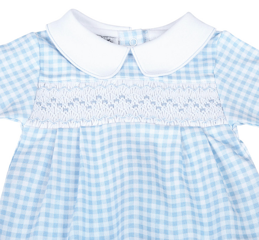 Mini Checks Blue Smocked Collared Boy Footie