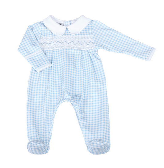 Mini Checks Blue Smocked Collared Boy Footie