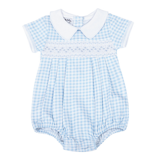 Mini Checks Blue Smocked Collared Bubble