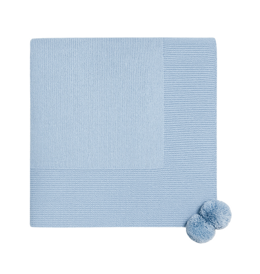 Knit Baby Blanket with Pompoms, Blue