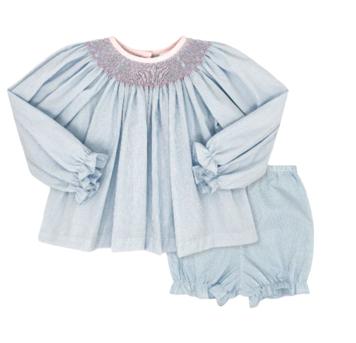Betsy Bloomer Set Long Sleeve, Baker Blue Minigingham, Polite Pink