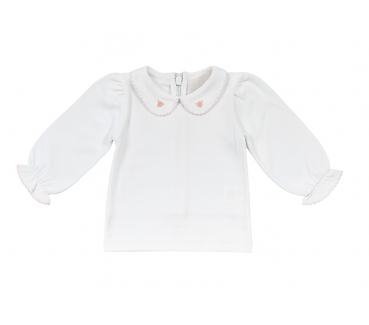 Girl's L/S Collared Back Zip Shirt, Pink Roses Embroidered Collar